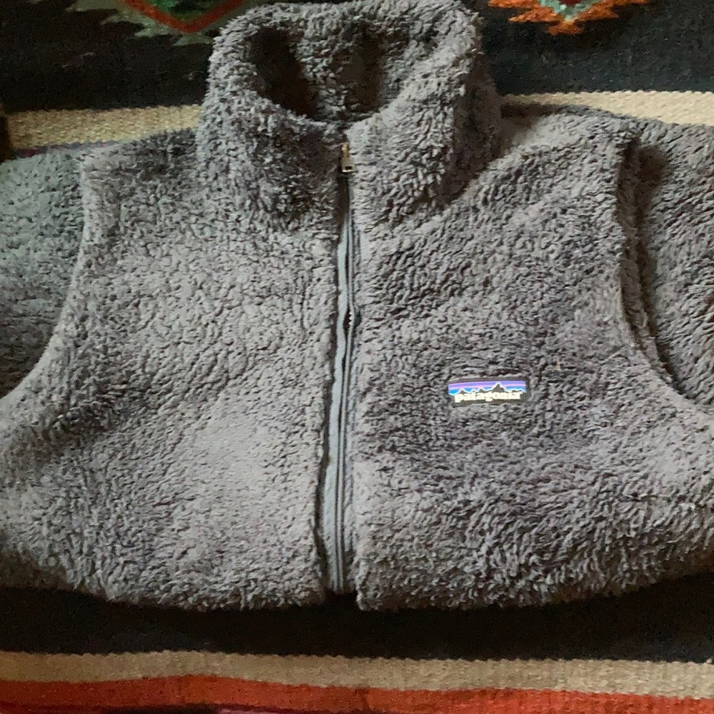 Patagonia women’s vest in gray/purple fleece